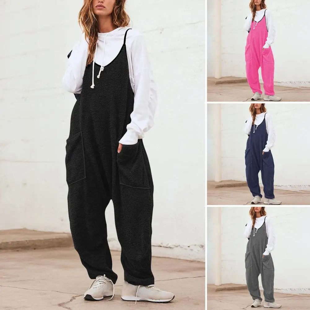 Women Baggy Jumpsuit Deep Crotch V Neck Oversized Women Outfit Solid Color Long Romper Street Cargo Style Wide-leg Jumpsuit