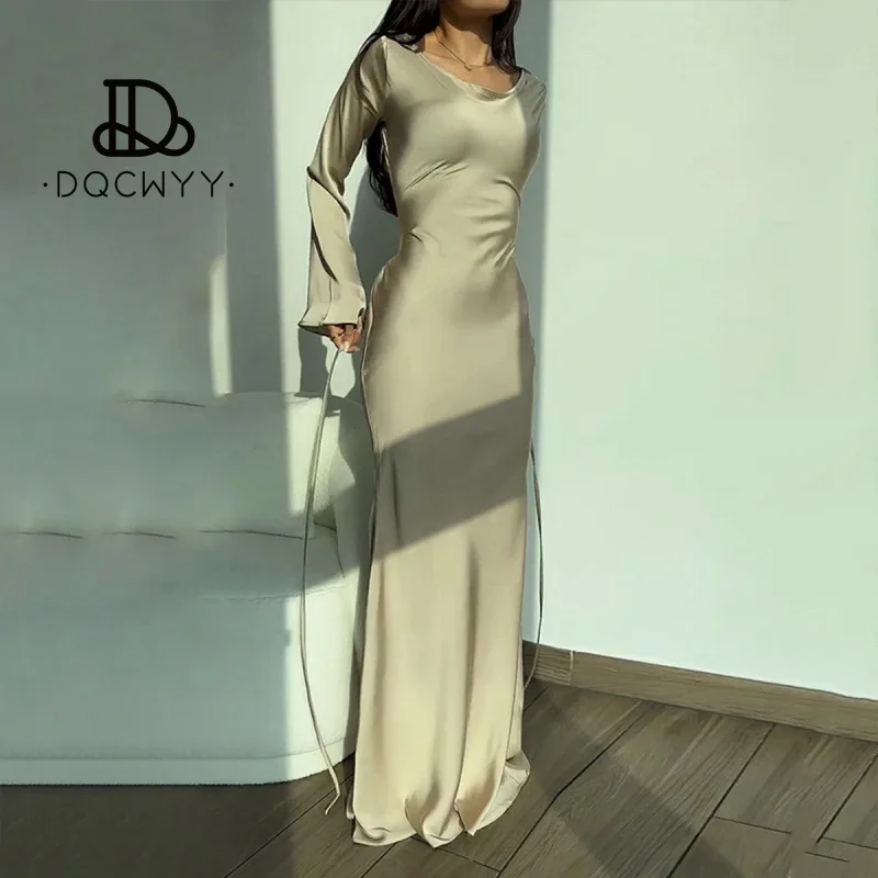 Womens Dresses 2025 New Long Dresses Fashion Simple Round Neck Satin Flare Sleeve Lace Up Slim Evening Party Dresses Sexy Dress image 2