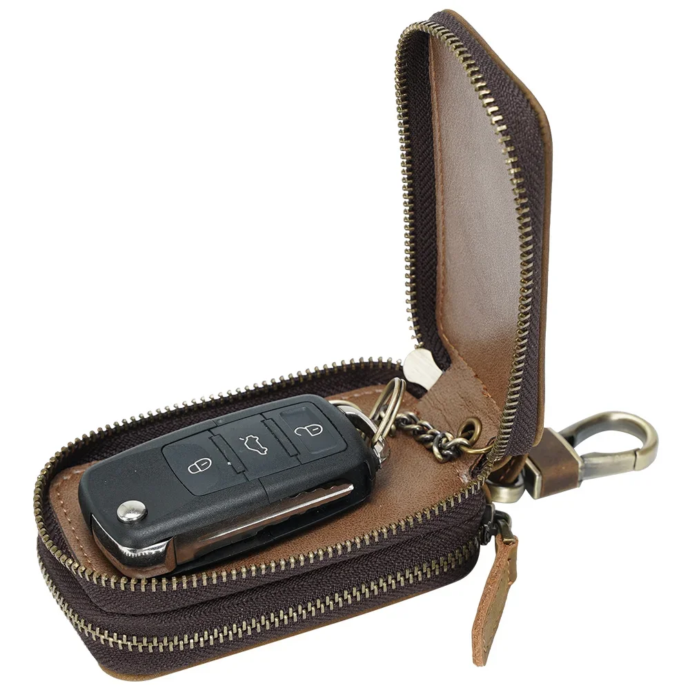 Factory Supply High Quality Car Key Case Bag Crazy Horse Genuine Leather Wallet With chain Retro  Cover   Ring