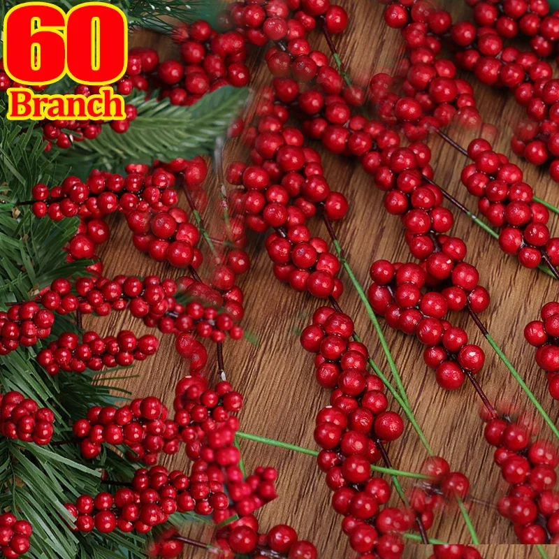 60/1pcs Artificial Red Berries Branches Christmas Holly Berry Stamen Plants Flowers Wreath Xmas Tree Ornaments Party Home Decor