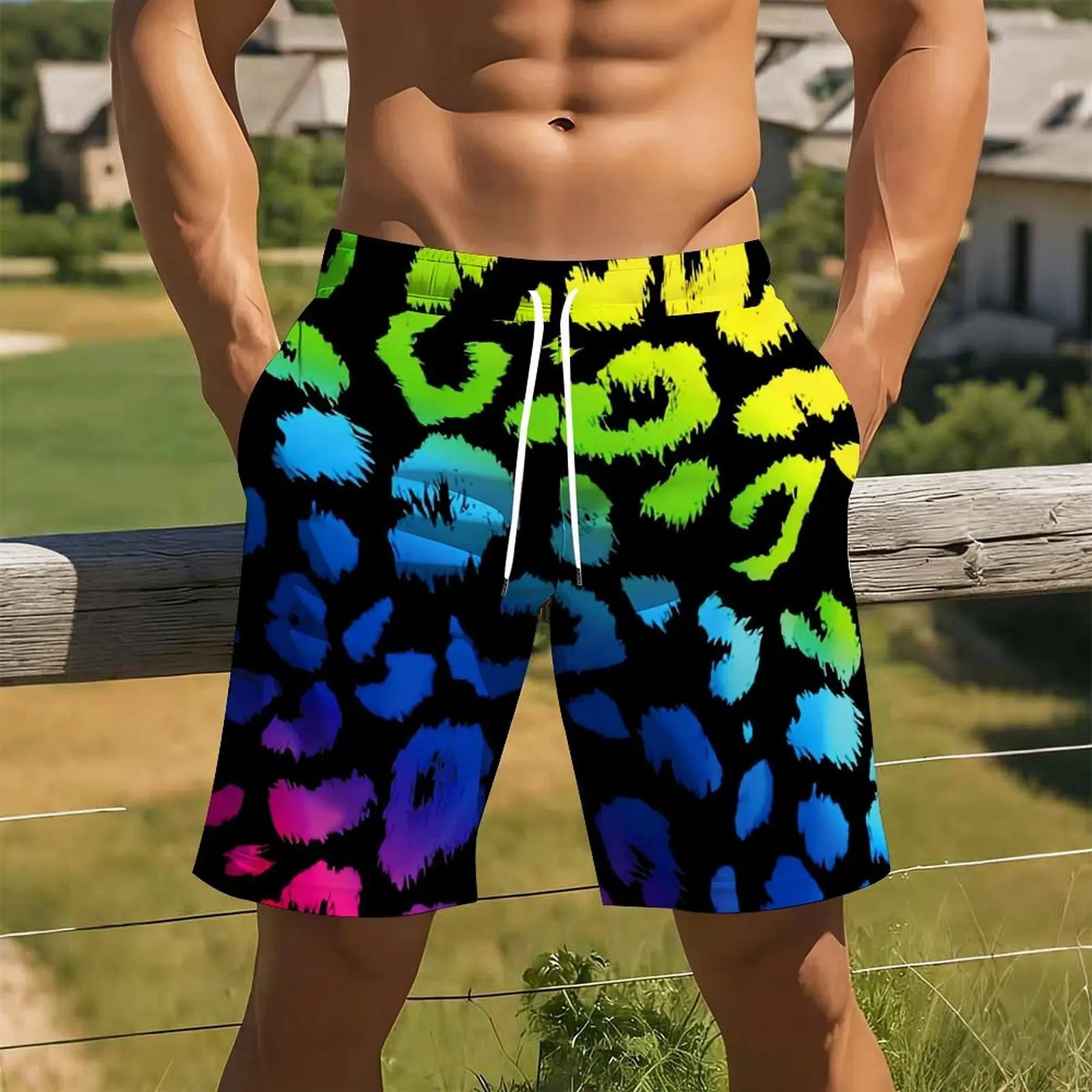 Men Print Casual Shorts Drawstring Elastic Waist Loose Streetwear Summer Sport Short Pants With Pockets Oversize