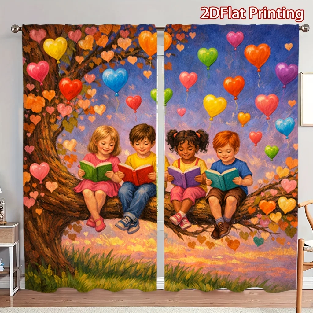 Children Reading on Tree Curtain, Colorful Heart Balloons Fantasy Window Drapes, Kids Room Nursery Decor