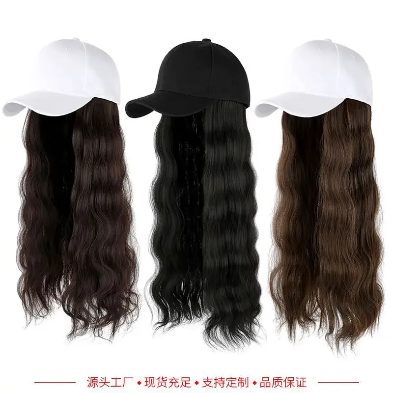 Baseball Cap with Hair Extensions for Women Adjustable Hat with Synthetic Wig Attached 24inch Long Wavy Hair Black Baseball Cap