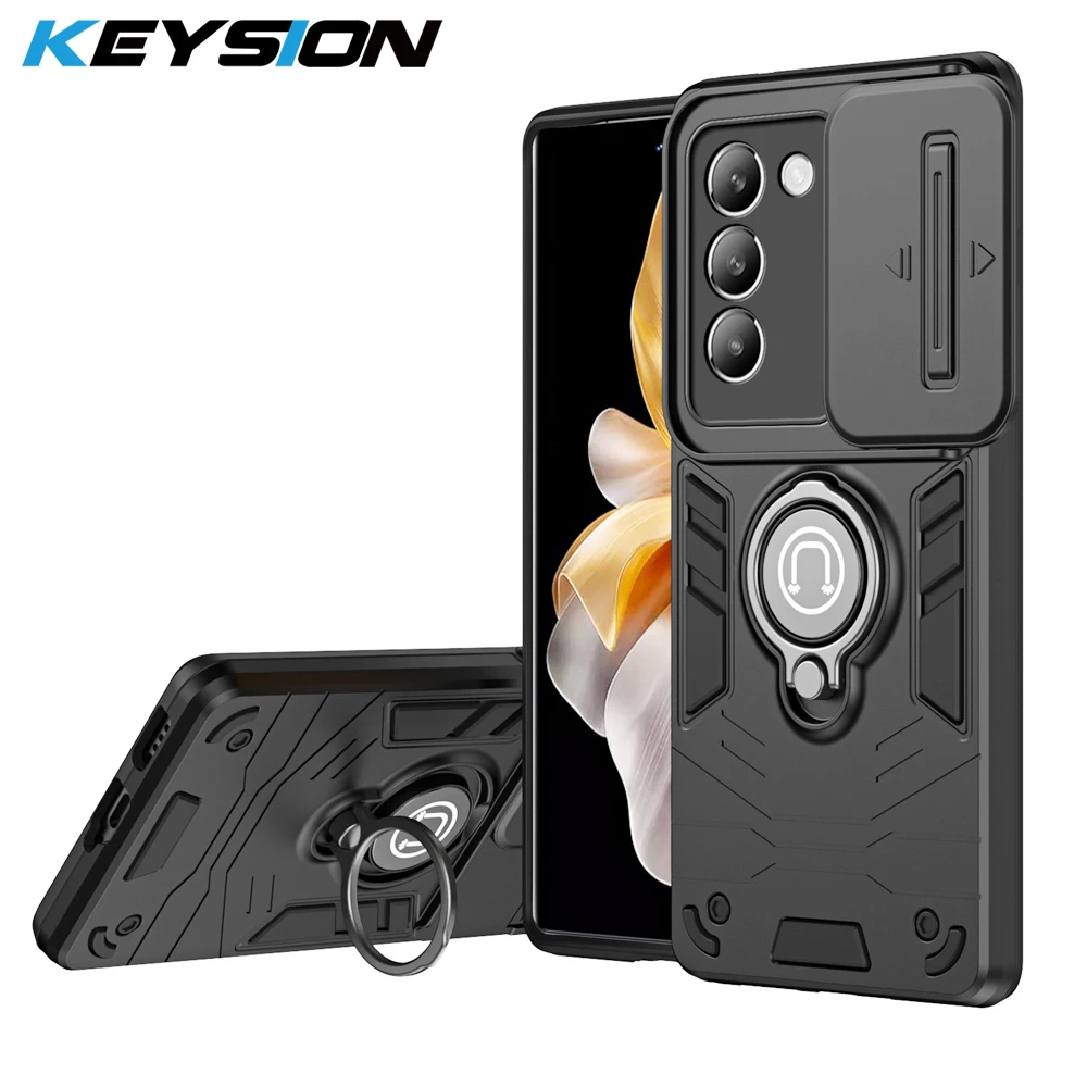 KEYSION Shockproof Case for VIVO Y100 5G Slide Camera Protection Ring Stand Phone Cover for VIVO V40 SE 5G V30 SE V30 Lite 4G