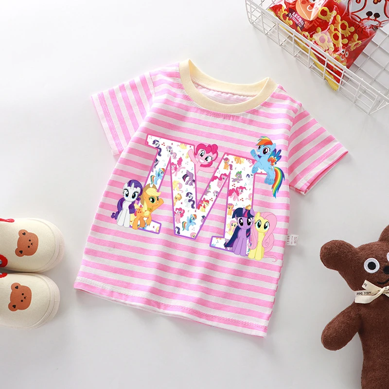 

My Littles Ponyi T-shirt Summer Girls Clothes Unicorn Kawaii Letter A-Z Tees Kids Fashion Stripe Tops Children Short Sleeve Gift