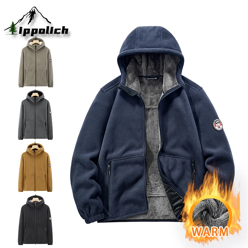 

IPPOLICH Men Windproof Fleece Padded Jacket Autumn Winter Hooded Fleece Warm Jacket Mens Outdoor Solid Color Thickened Warm Coat