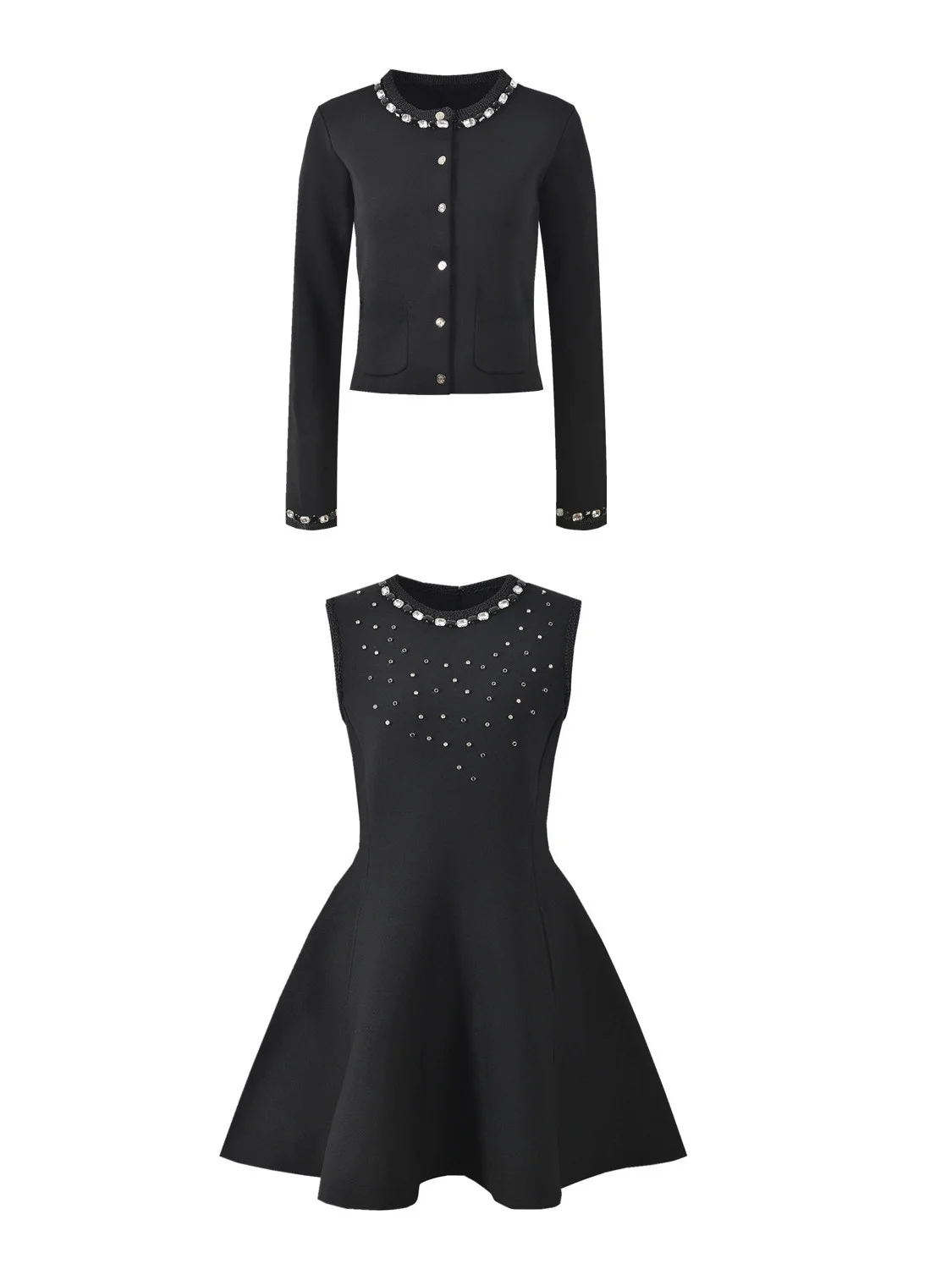 

Elegant round Neck Open Cardigan Jacket with Heavy Rhinestone Decor Slim Fit Dress Set Autumn New Arrival Women's Fashion