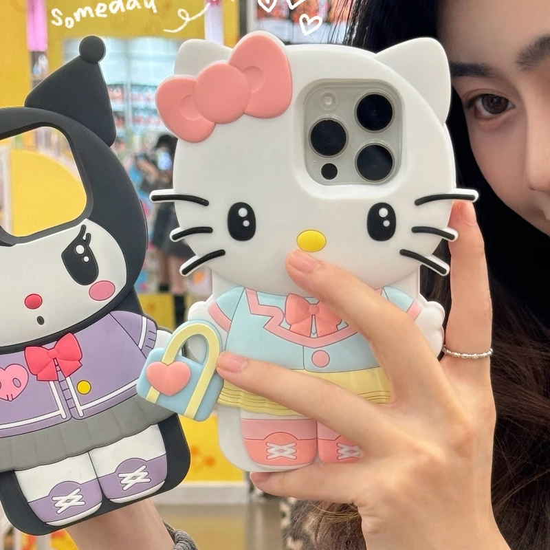 جراب هاتف من السيليكون الناعم من Hello Kitty ثلاثي الأبعاد ، غطاء ضد للصدمات ، هدية للفتيات ، آيفون 15 برو ماكس ، آيفون 14 ، آيفون 13 ، آيفون 12 برو ماكس ، آيفون 11