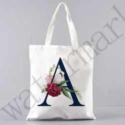 Flower Letter Initial Name Pattern Printed Women tote Shopping Bag Casual Large Canvas Shoulder Bag  Bridesmaid Wedding Gift