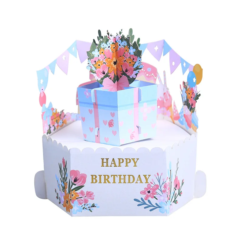 

10pcs Handmade Gold Stamp Flower Basket Cake 3D Pop UP Greeting Invitation Paper Card Desktop Decoration Birthday Party Gift