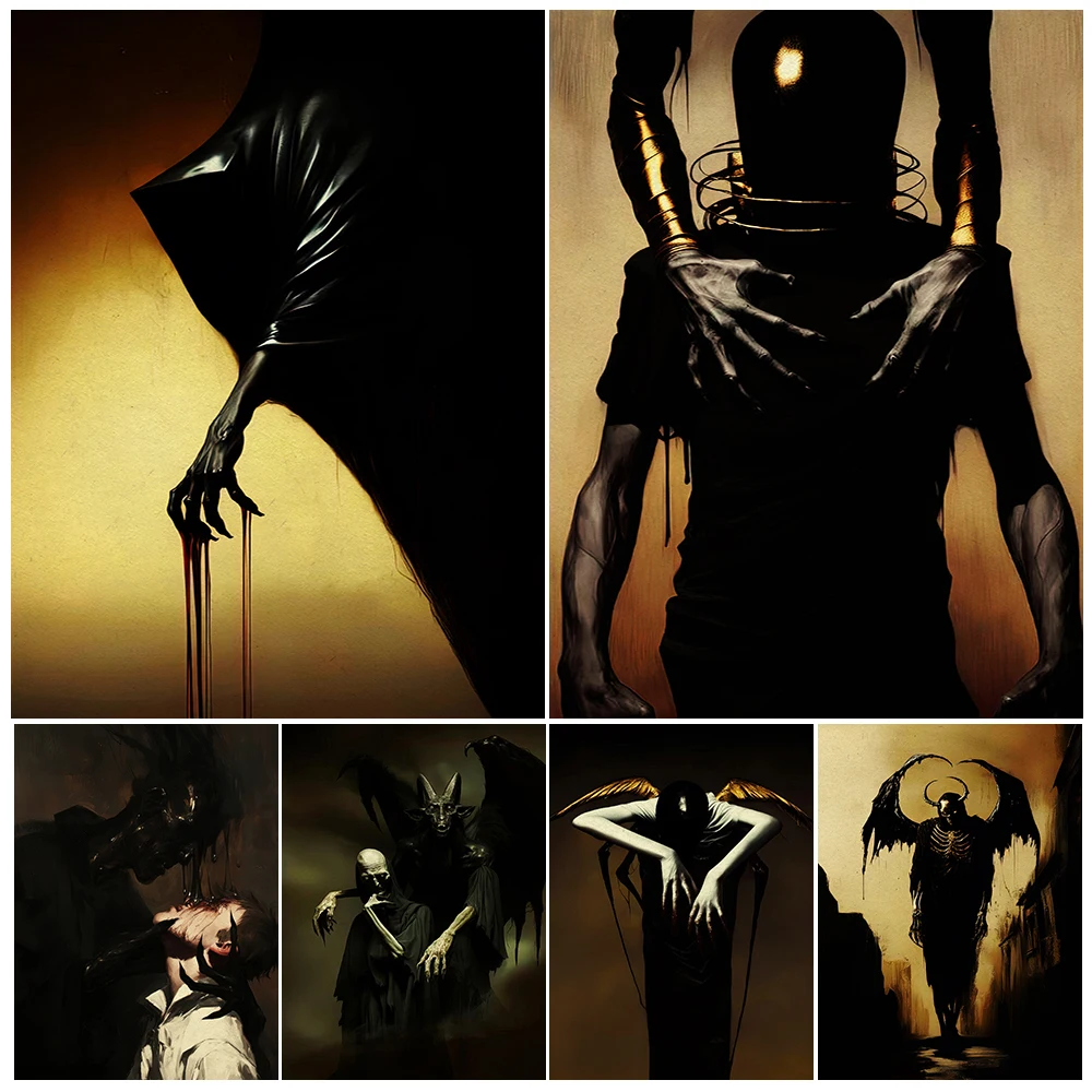 Devils Embrace Satan Creepy Wall Art Canvas Painting,Shadow Reaper Pagan Art Poster Print,Dark Academia Home Decoration Unframed
