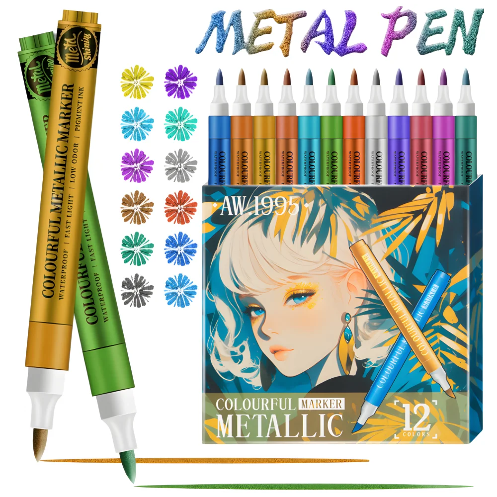 

12-цветные металлические акриловые ручки, металлический маркер с мягким наконечником кисти для наскальной живописи, керамики, стекла, холста, кружки, дерева, пасхального яйца