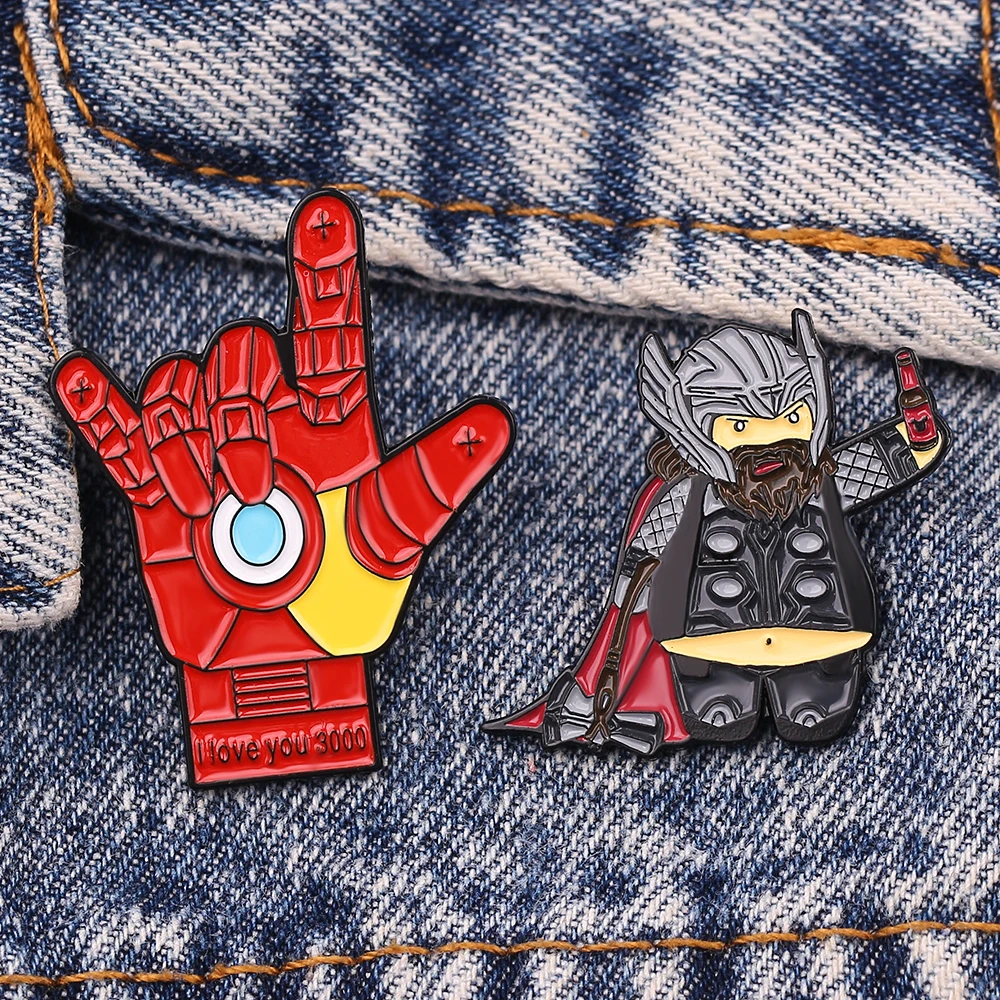 Marvel Movie The Avengers Iron Man I Love You Danemark ges Broches, 3000 Gesture Enamel Lapel Pins, Chubby Big Belly Thor Cartoon Danemark ges