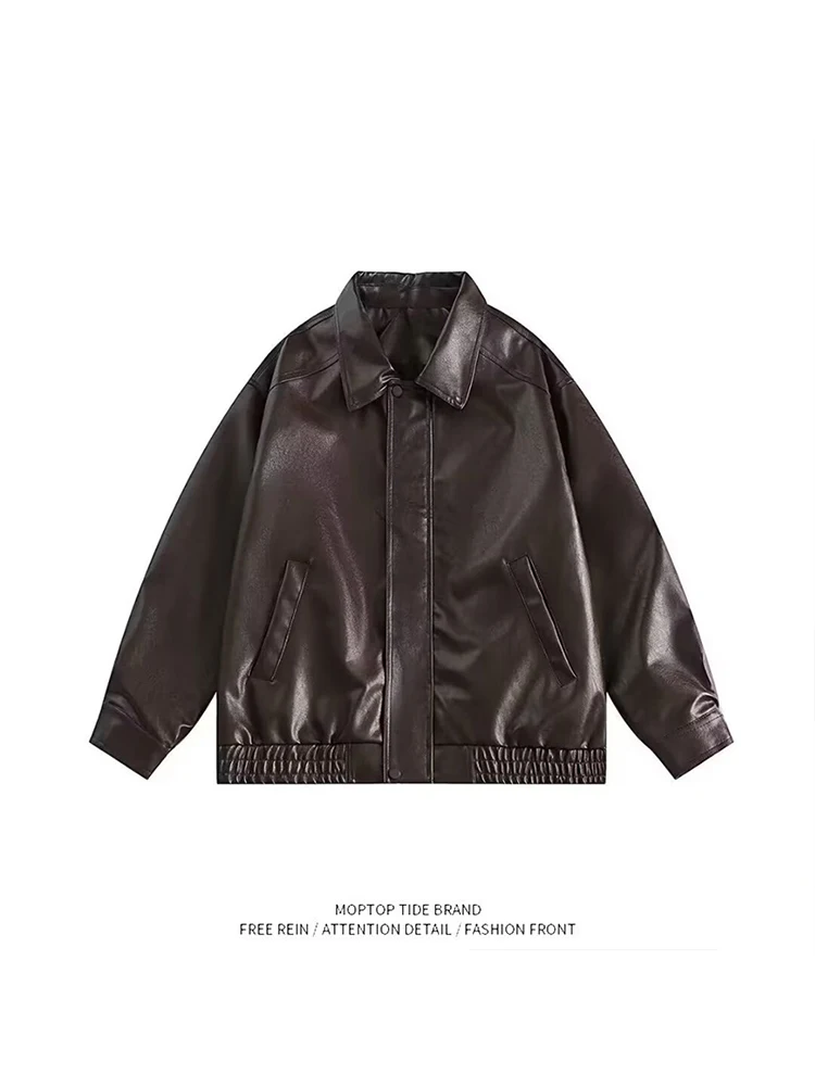 

Trendy Pure Color Motorcycle Jaet Loose Fit PU Leather Coat ex American Street Sle Versatile Biker Jaet for Teens