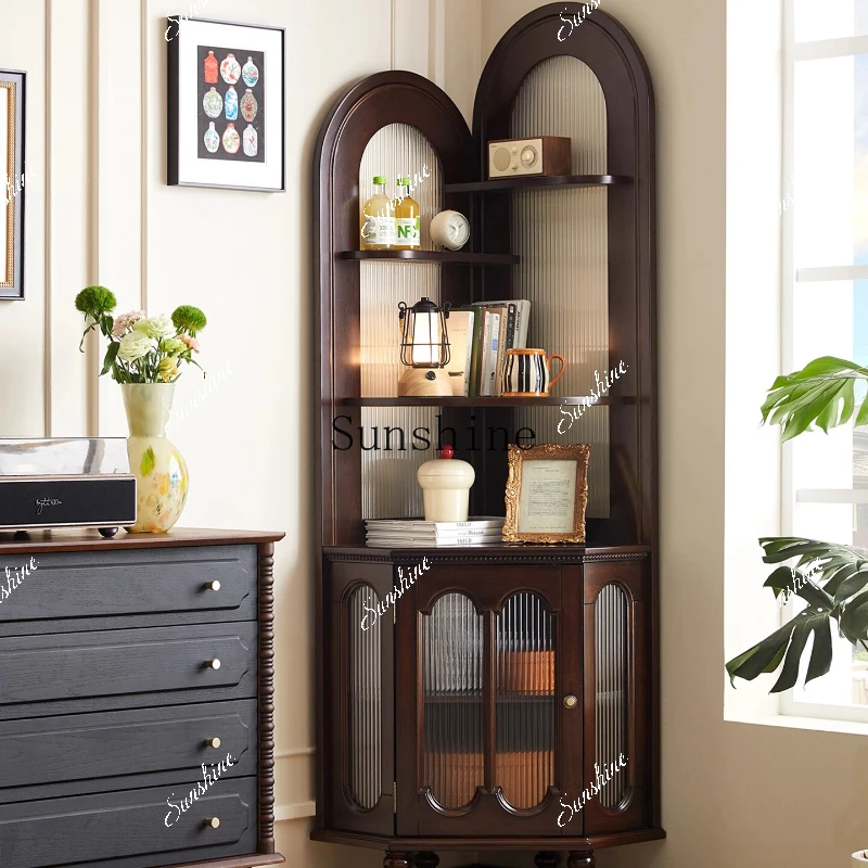 American style solid wood corner triangular cabinet shelf display living room integrated wall corner storageP