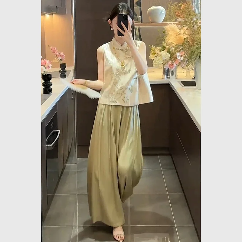 

New High End Chinese Summer Women's Two Piece Set Fashion Printed Sleeveless Blouse Top + Wide Leg Pants Elegant Women's Suit
