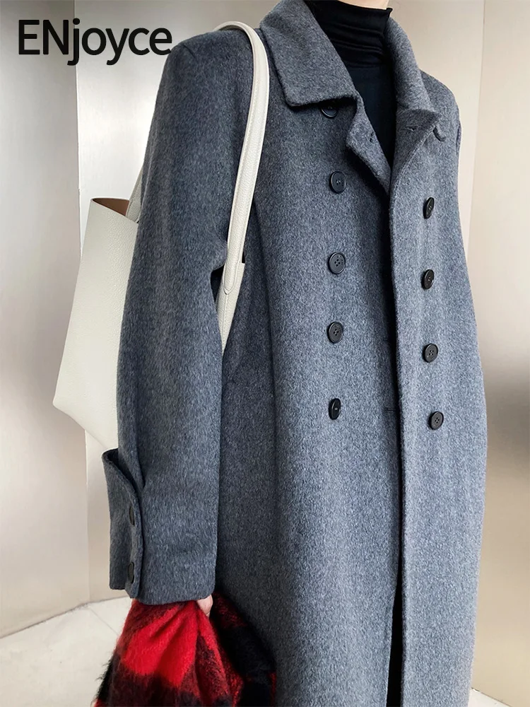 

Enjoyce Women Vintage Double Sided Wool Lapel Trench Coat Korean Fashion Brand Double Breasted Clothes Jacket Autumn Winter