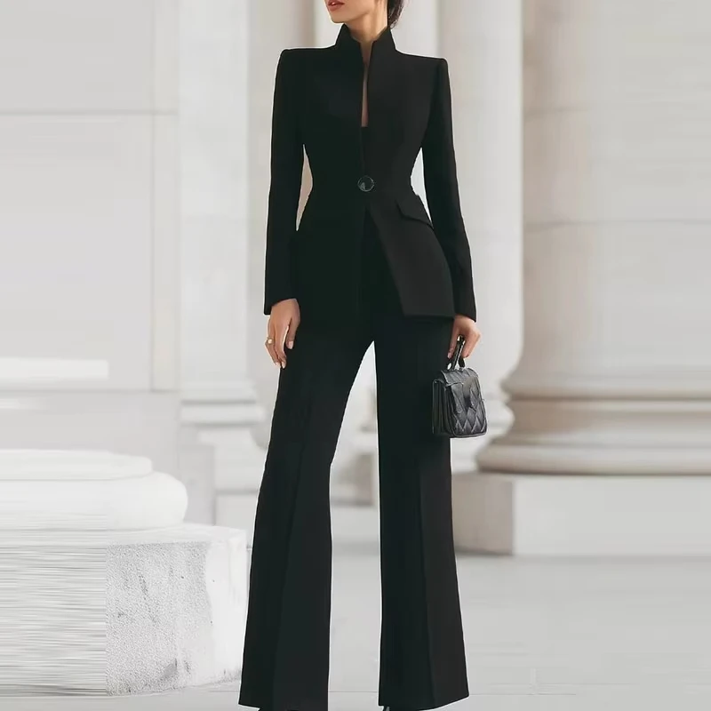 Conjunto Elegante de Blazer de Manga Longa + Calças, Outono, Cor Sólida Simples, Roupa para Trabalho, Conjunto Profissional Feminino Slim Fit