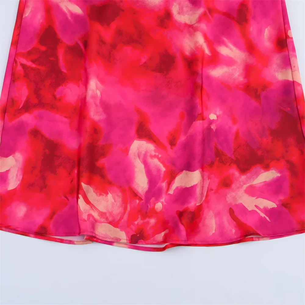 women's pleated collar silk satin texture printed MIDI skirt spring and summer new product slim fit sleeveless dress