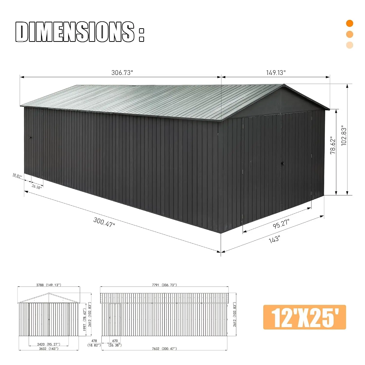 12x25FT Metal Garage Shed Carport with Lockable Doors Extra Large Vehicle Shelter for Car Truck Motorcycle Equipment, Customized