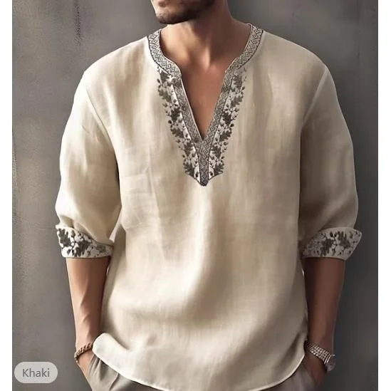 

Летняя одежда для молодых мужчин: тонкая хлопково-льняная рубашка с воротником-стойкой, удлиненная, с принтом, охлаждающая (эффект ледяного прикосновения), 2023