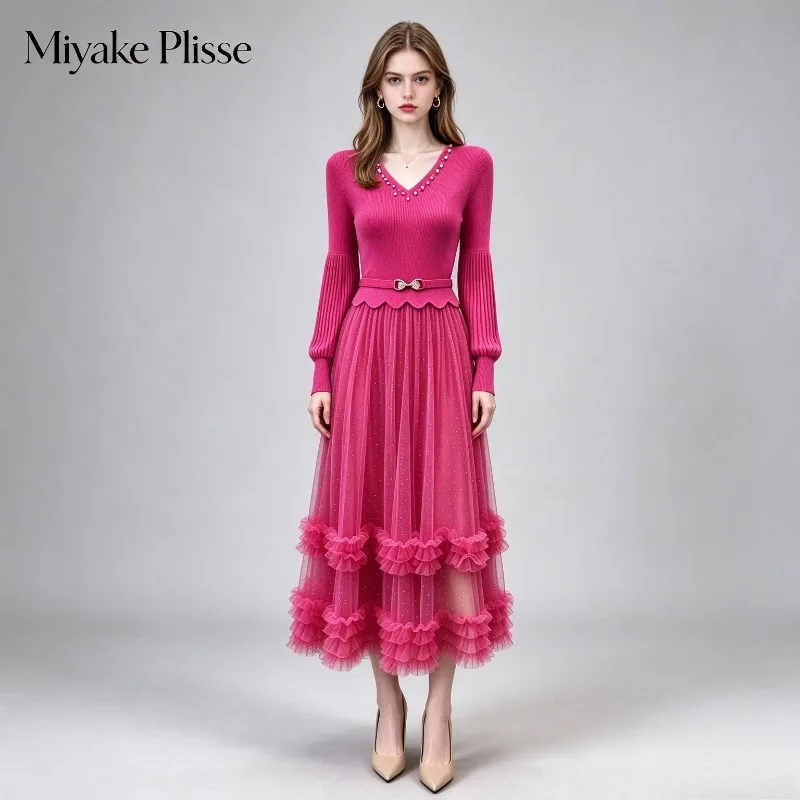 New Plus Size Dress 2026 Spring Autumn Heavy Beaded Long Sleeve Casual High Waist Sequin Mesh Cake Waist Fashion Ruched Pleat