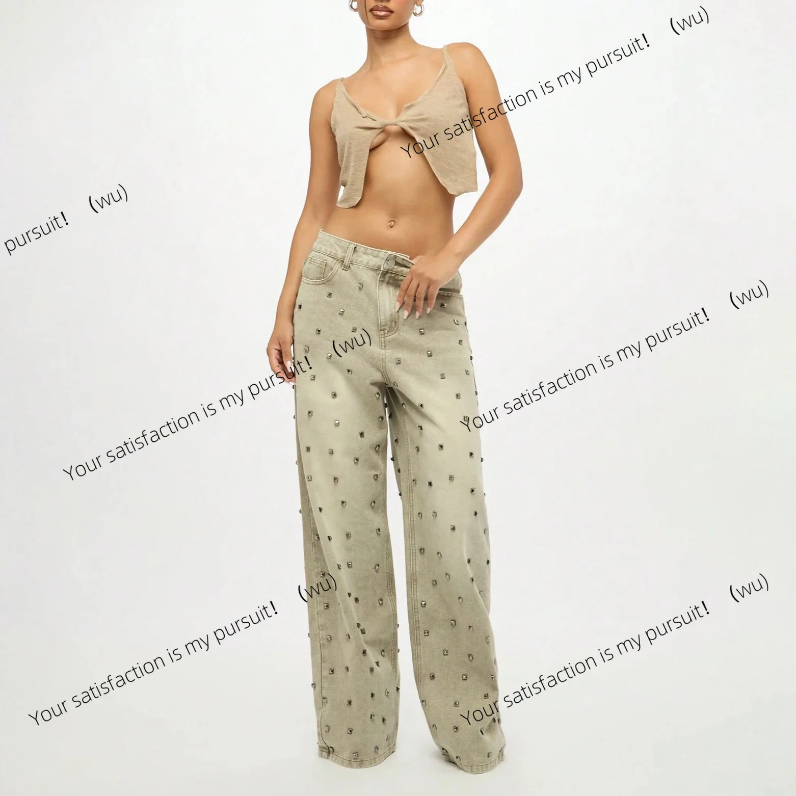 

Pants feet European and American straight tube sticker diamond jeans women's low waist wide leg trousers casual versatile daily