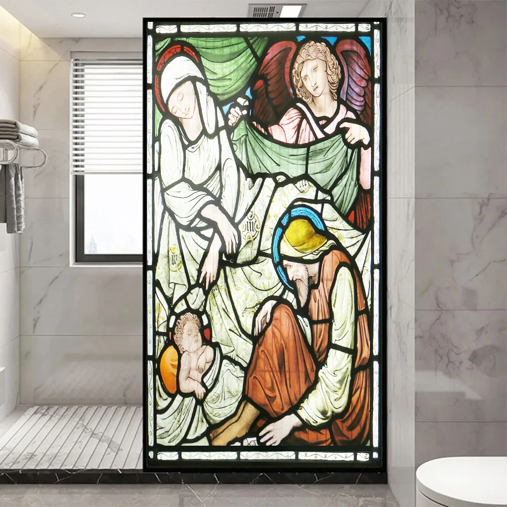 Church Stained Glass Decals Window Film Privacy Heat Insulation and Anti UV Blocking Static Cling Window Sticker for Home J44