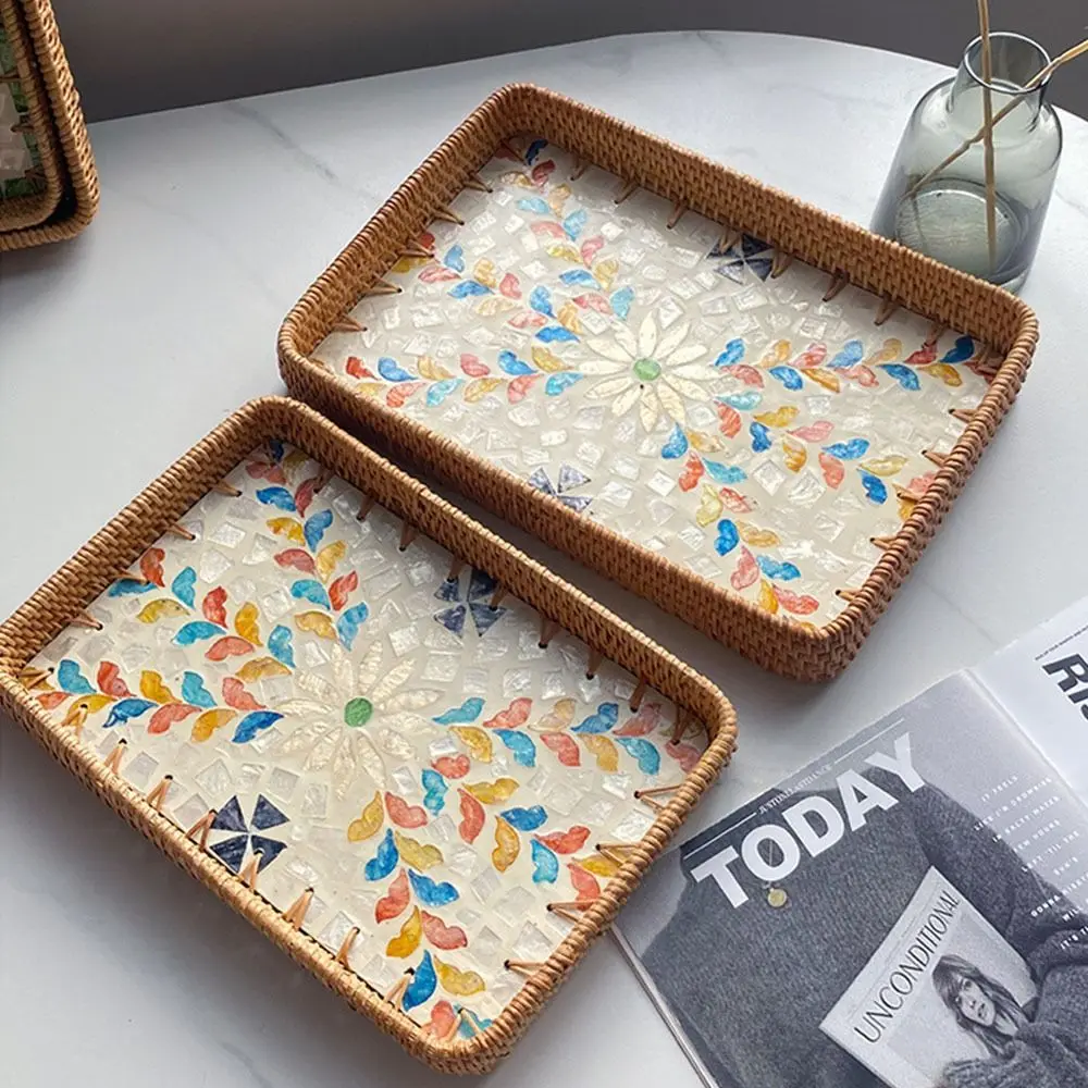 

2pcs Rectangular Shell Vine Weaving Basket Colorful Shell Reusable Weaving Storage Tray Handmade Bohemian Style