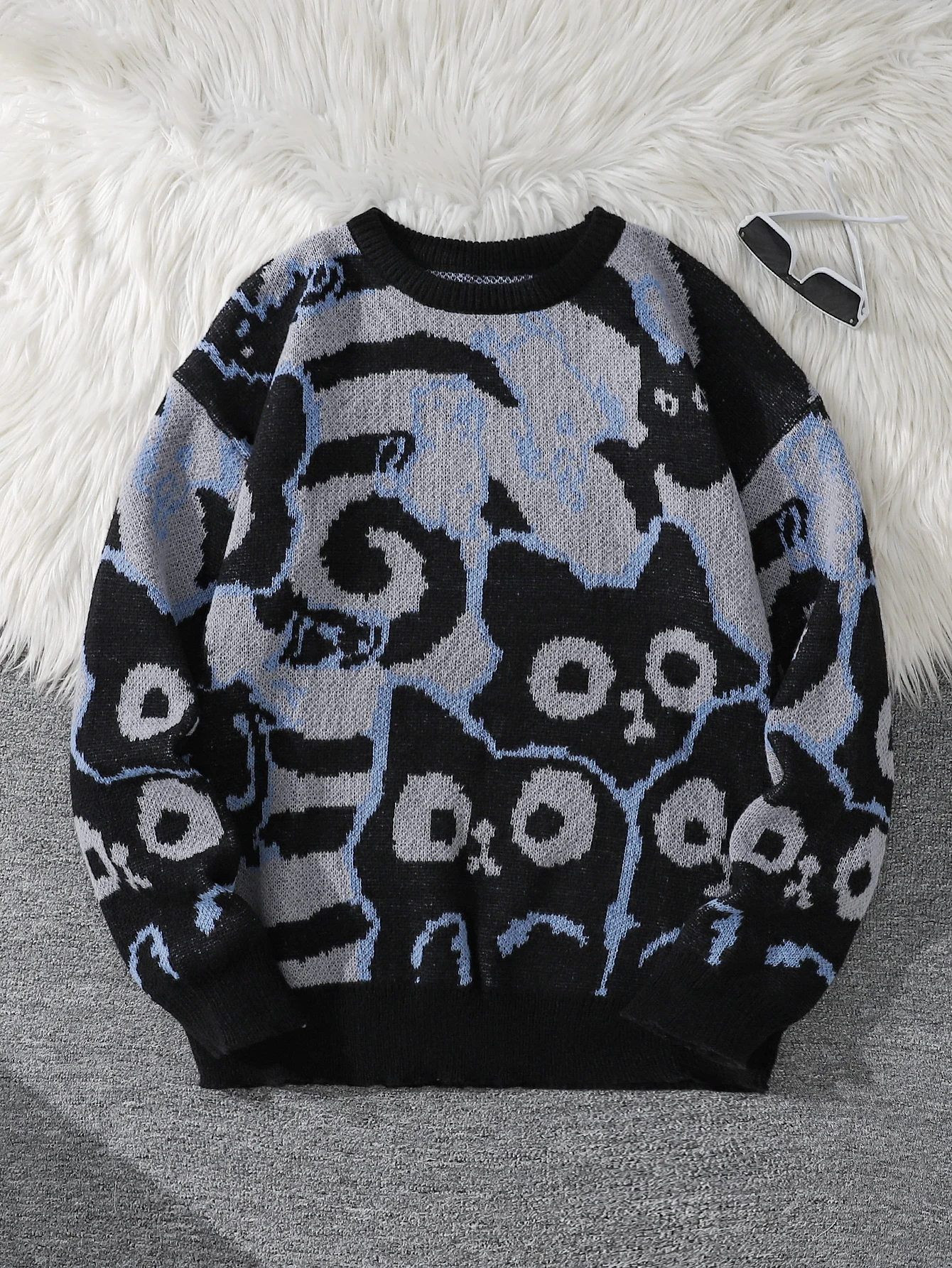 Autumn and Winter Abstract Cat Jacquard Double-Sided Pattern Pullover Sweater Casual Round-Neck Knit Men's Pullover Sweater Suitable for Daily Wear Unisex Outerwear