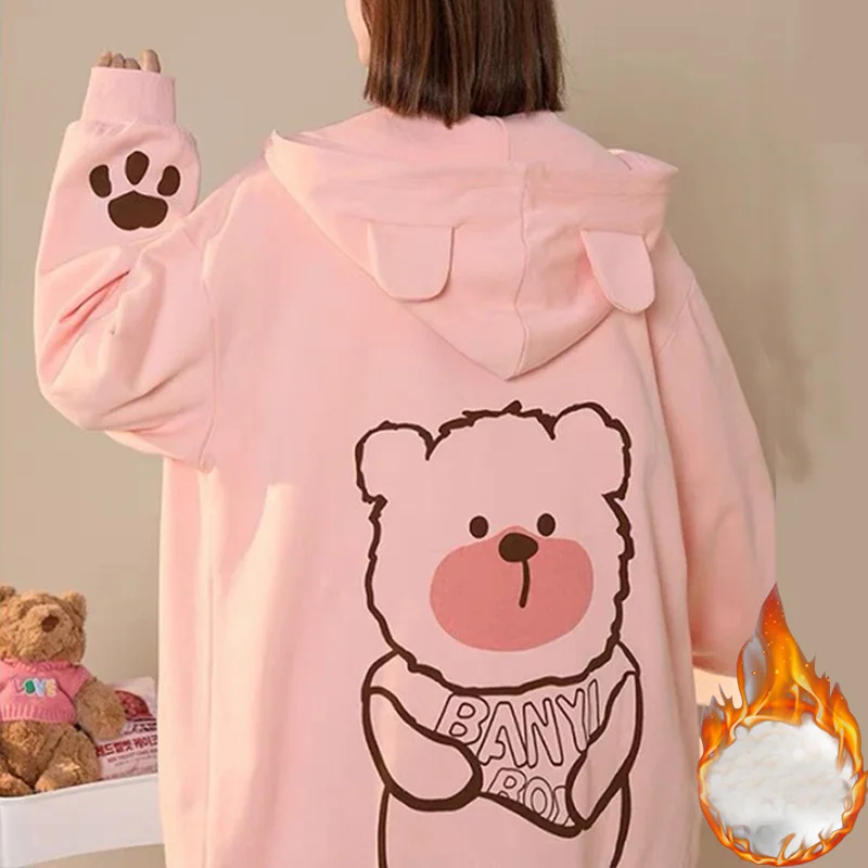 

Autumn winter Fleece warm Hoodie Fashion Hooded Sweatshirts Long Sleeve Top cartoon print Pockets oversized Zipper pink Hoodies