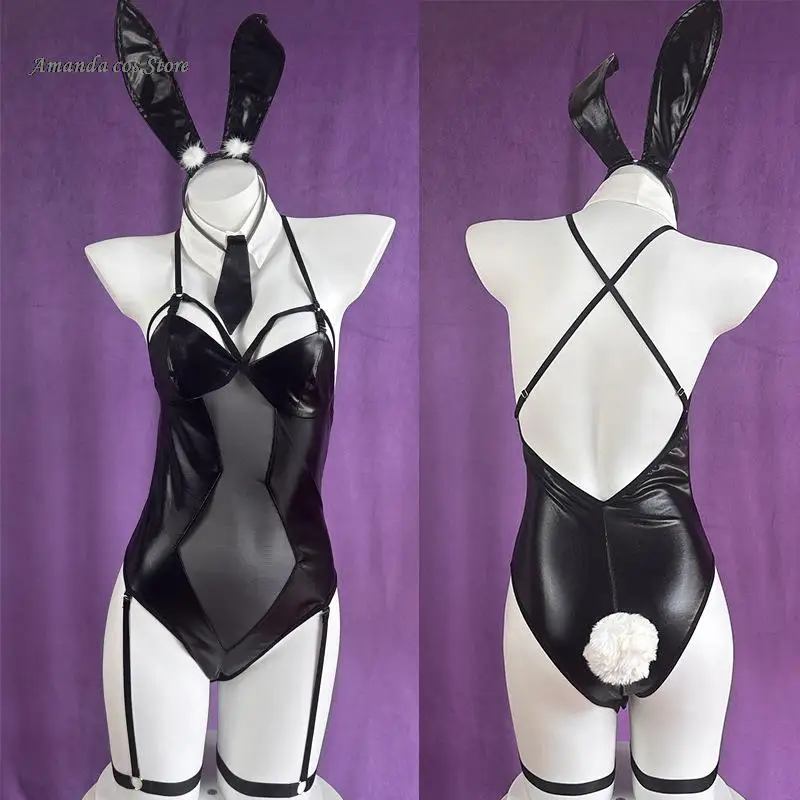 

Anime Bunny Girl Sexy Leather Backless Mesh Bodysuit Hairball Tail Uniform Cosplay Women Rabbit Jumpsuit Outfit Costume