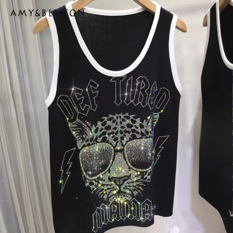 

Heavy Craft Rhinestone Vest Cartoon O-Neck Sleeveless Top Black Inner Layer Slimming Versatile Camisoles 2026 Summer New Slings