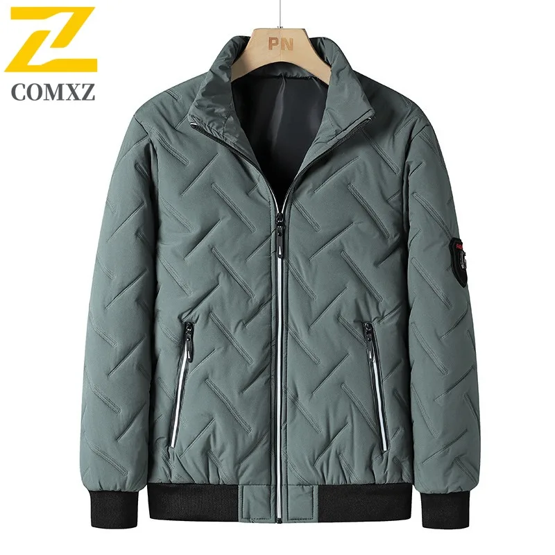 COMXZ 2025 Mens Korean Wrinkle Quilted Stand Collar Thickened Winter Jacket Tactics Waterproof and Windproof Outdoor Sports Coat