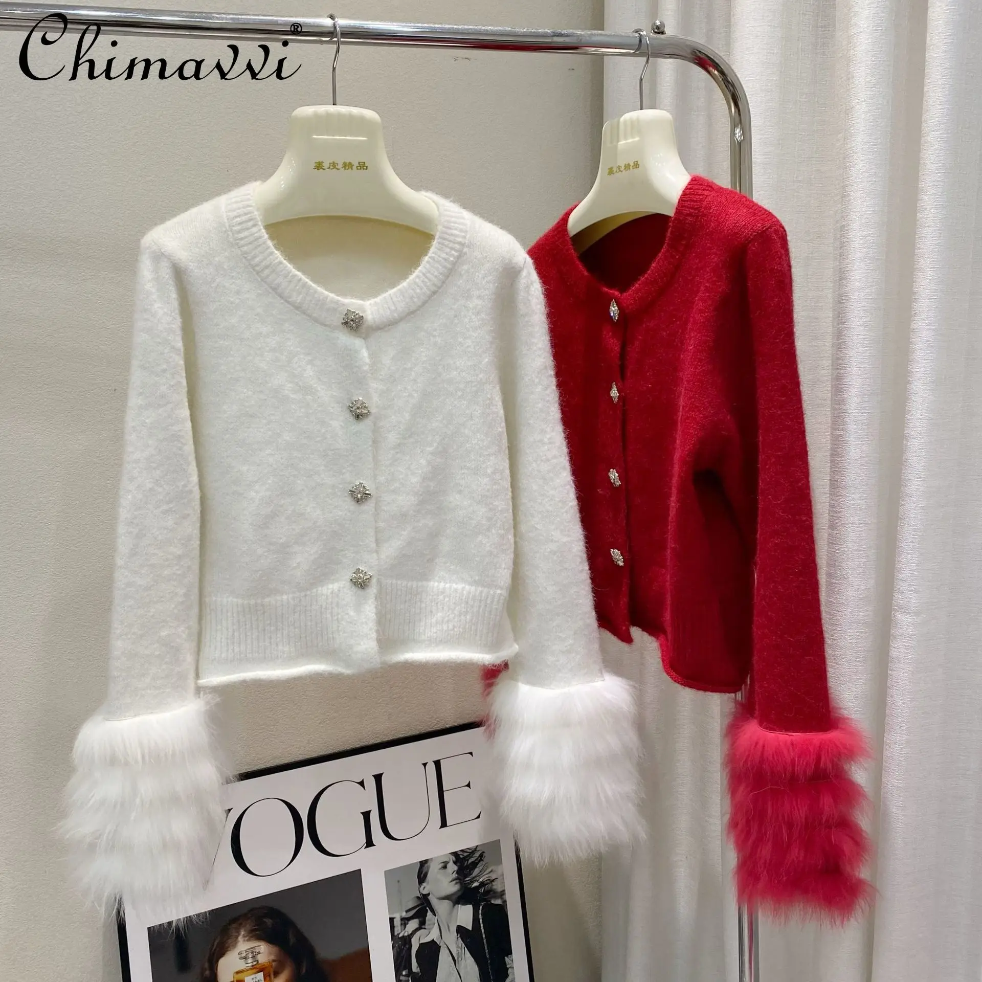 

2025 Autumn Elegant Casual Women's Red Sweater Top Round Collar Fox Fur Spliced Long Sleeve Knitted Jacket Short Cardigan Women