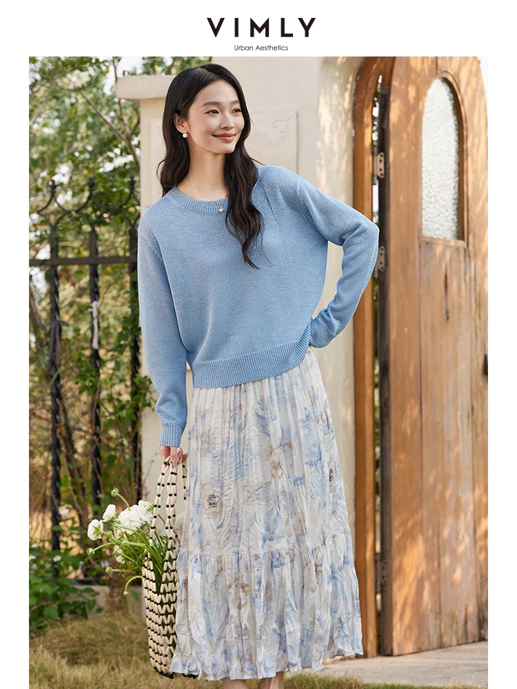 VIMLY Women Simple Knitted Sets 2026 Spring Office Lady Casual Pullover Top+Pleated Floral Printed Skirt Beach Style 2pcs Set