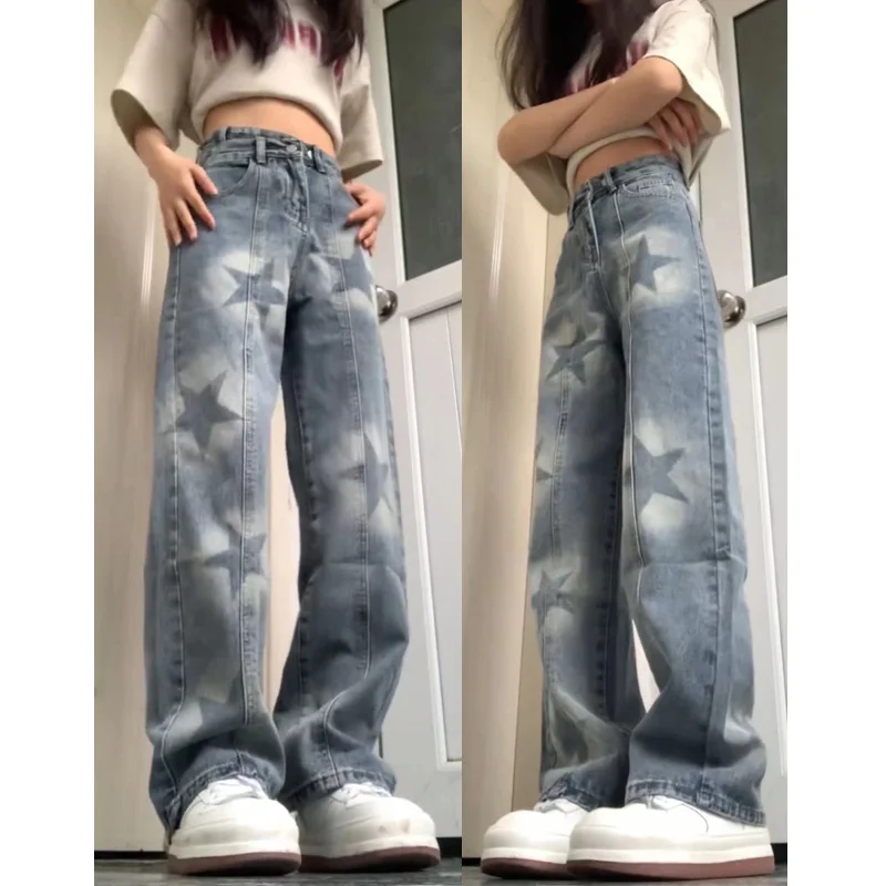 

American Hiphop High-waisted Straight Jeans Women's Spring And Autumn High Street New Design Star Wide Leg Denim Pants Trend