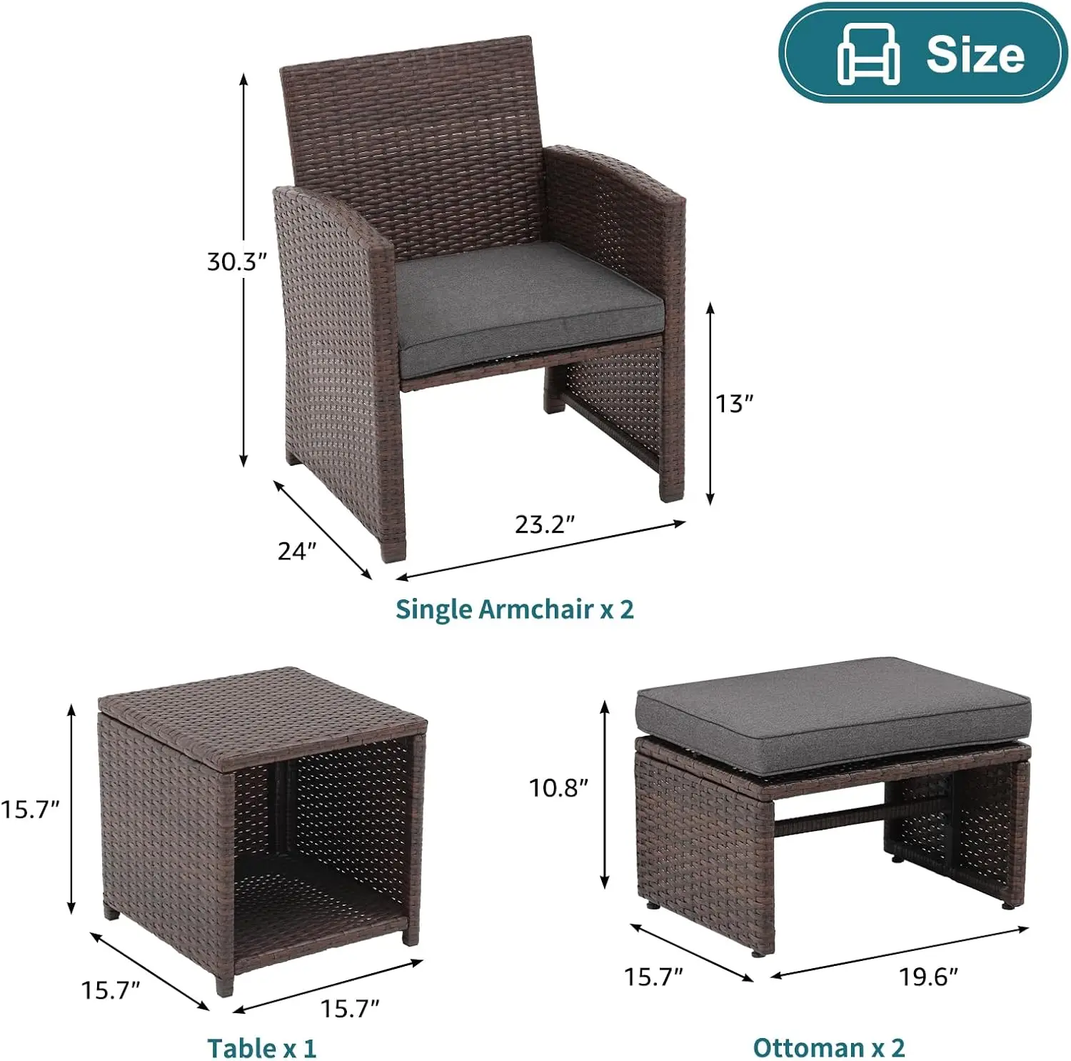 5 Pcs Patio Conversation Set Balcony Furniture Set with Cushions, Brown Wicker Chair with Ottoman, Storage Table for Backyard