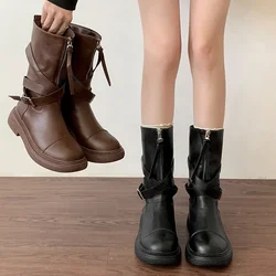 Vintage Women Slim Ankle Boots Fashion Elegant Zippers Shoes Autumn Winter Thick Heel Women's Morder Mid Calf Booties