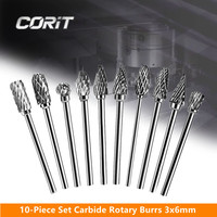 CORIT 10-Piece Set 3x6mm Tungsten Carbide Rotary Burr Drill Bit Double Cut Wood Grinding Single Cut Metal Grinding Dremel Tools