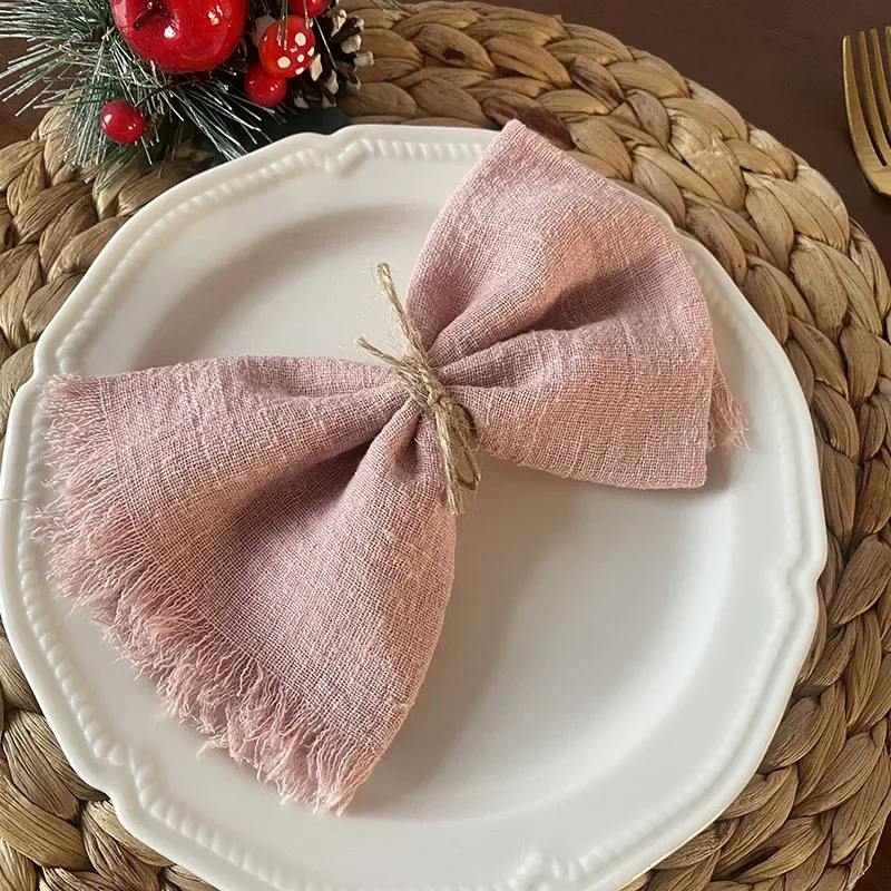 10pcs 32X32CM Pink Cloth Napkins Handmade Gauze with Fringe Rustic Napkin for Baby Shower Dinners Party Wedding Table Decoration
