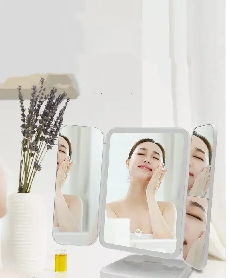 

LED three fold makeup mirror folding and rotating portable mirror LED beauty mirror three color light