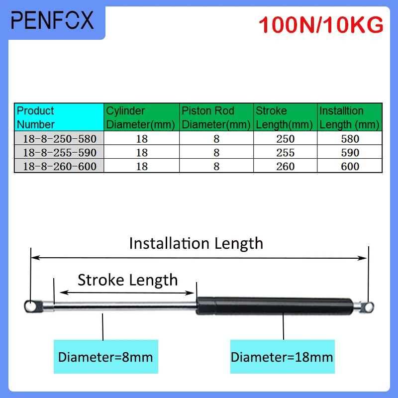 Universal Car Gás Struts, Mola de gás, Suporte Boot, capot, caravanas, portas, janelas, escotilhas, barco, ônibus, 580-600mm, 10kg, 100N, 1pc