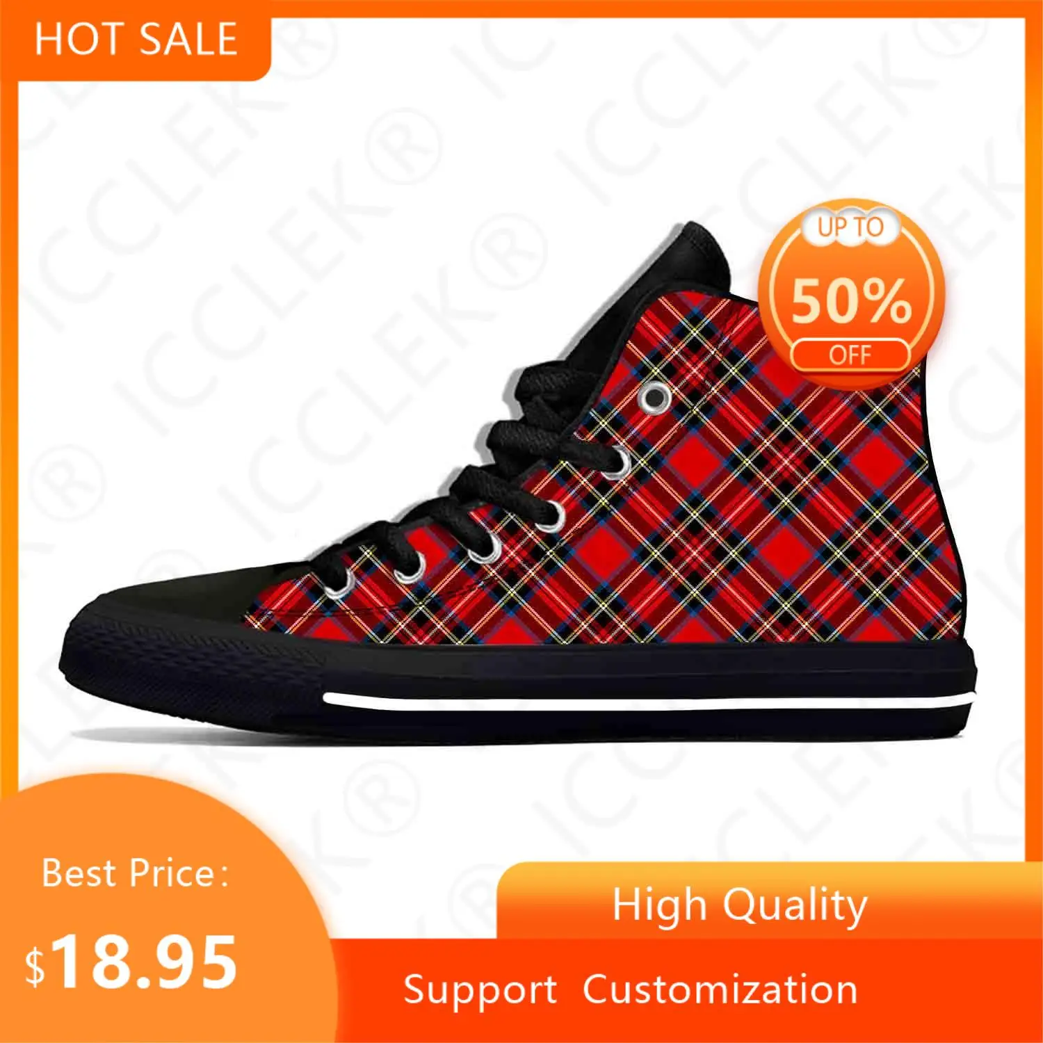 Red Scottish Stewart Clan Tartan Plaid Royal Cool Casual Shoes High Top Mens Womens Teenager Comfortable Breathable Sneakers