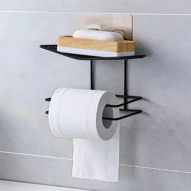 Non-drilled Bathroom Tissue Holder Roll Paper Storage Rack Wall-mounted Storage Rack for Toilet and Bathroom Soap Holder