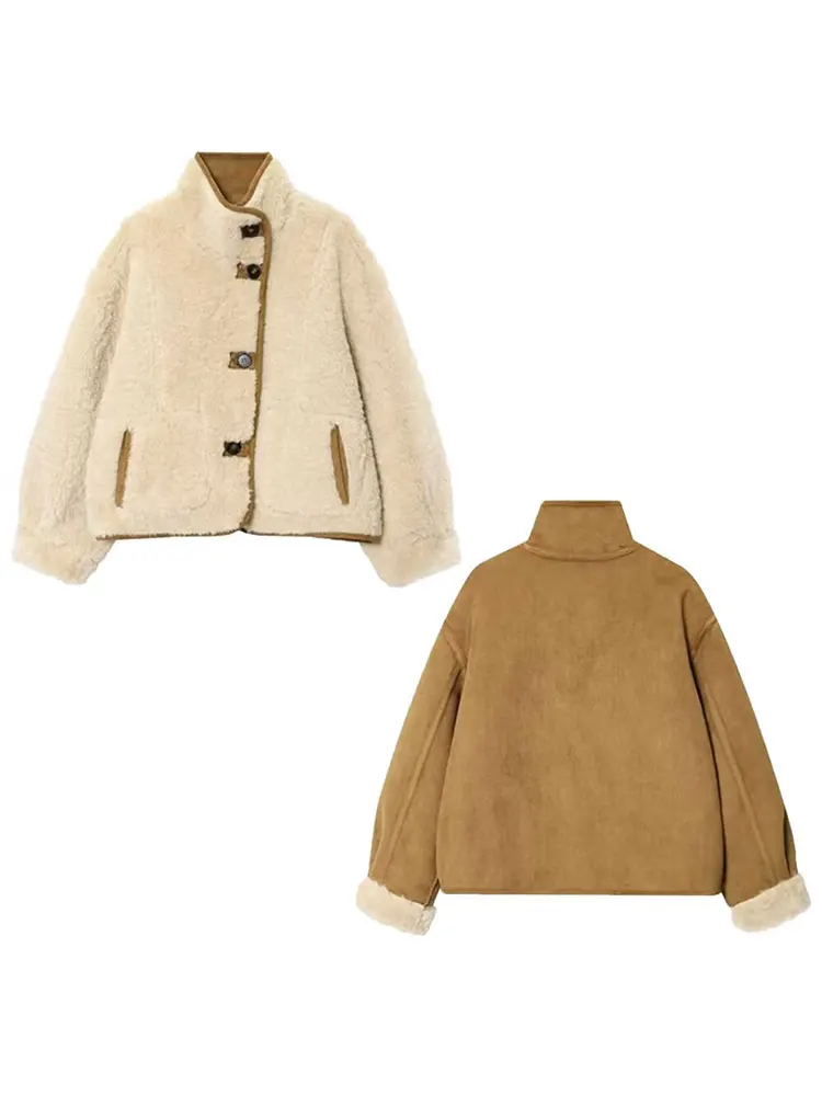 HH Women Fashion Faux Lamb Wool Reversible Jacket Single Breasted Long Sleeve Lapel Coats Autumn Winter Thick Warm Outwear