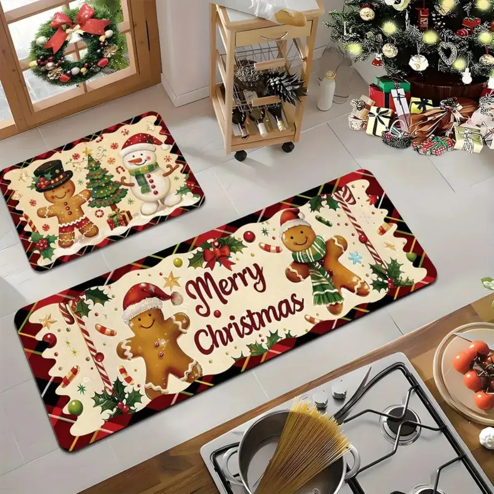 VIKAMA 1/2pcs Cartoon Christmas Gingerbread Man Kitchen Carpet, Water-Absorbing, Anti-Slip And Cooling Carpet, Home Decoration
