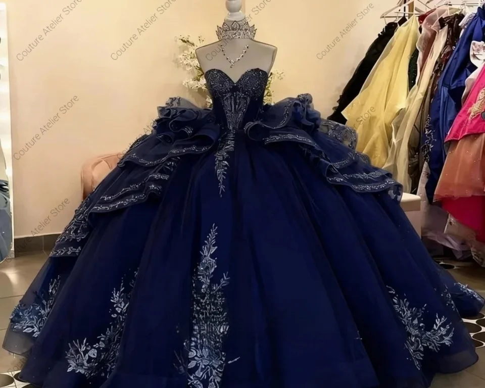 blue and black quinceanera dresses Glittering Navy Blue Quinceanera Dresses Flowers Appliques Lace Off Shoulder