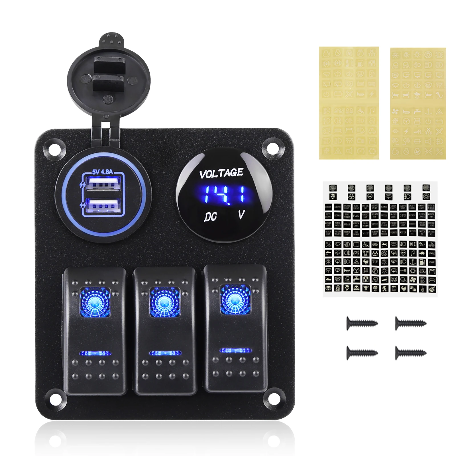 3 Gang Switch Panel 12~24V Waterproof Digital Voltmeter 4.8A Dual USB Port Outlet Combination Switch Panel Boat Car Accessories