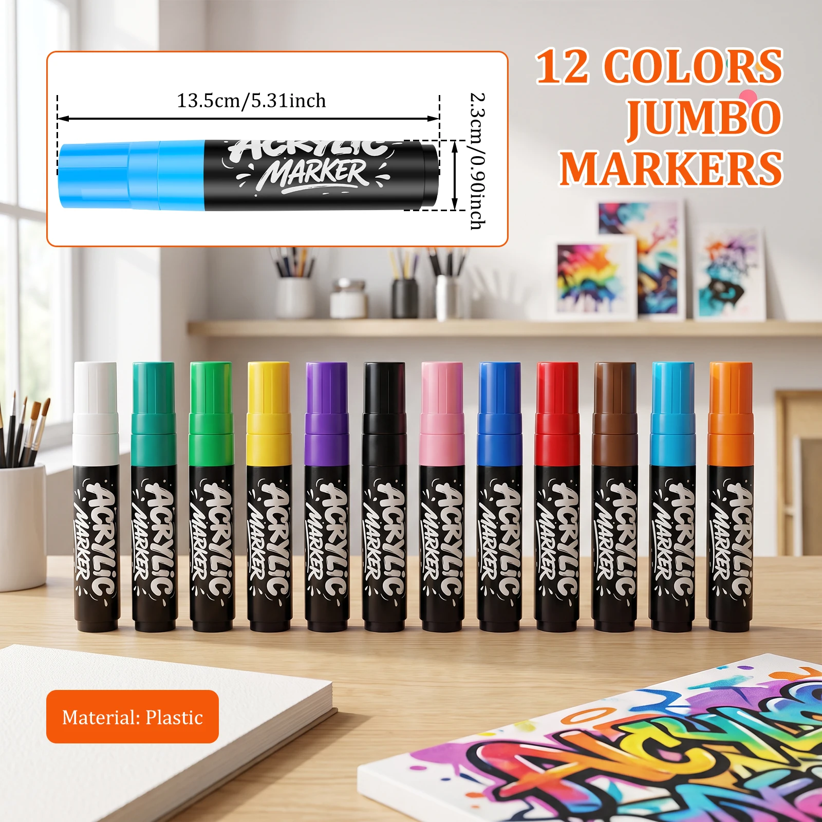12 Colors Jumbo Permanent Colored Acrylic Markers 15mm Jumbo Felt Tip for Rock Painting Ceramic Glass Wood Canvas DIY Graffiti